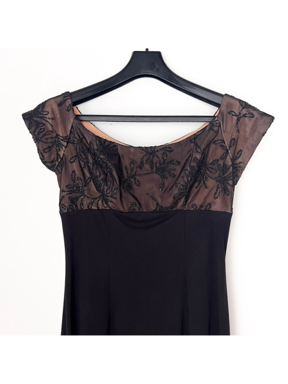 Vtg 90s Jeffrey & Dara Black Velvet Evening Dress Beaded Mesh Bodice Sz 8P USA